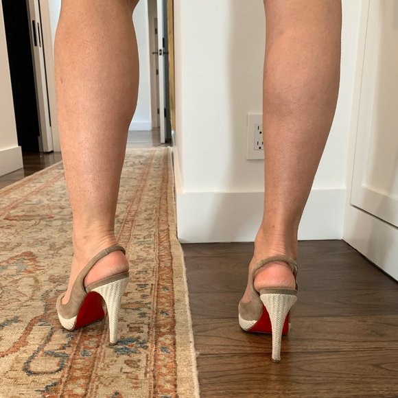 Christian Louboutin Biege Suede Open Toe Open Back Platform Stiletto Pumps - Picture 4 of 7